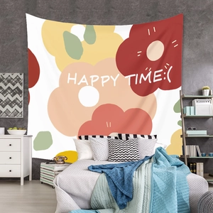 Detail of floral tapestry featuring Happy Time text for cozy bedroom wall decoration
