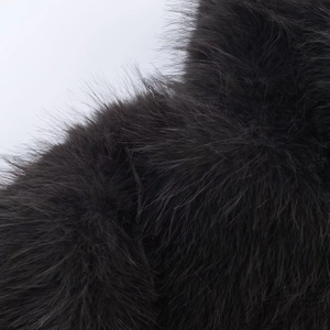 Macro view of plush faux fur texture and soft fibers of the black cropped coat