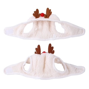 Detail view of plush pet Christmas bib with reindeer antlers in brown and white