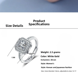 Detailed view of silver band ring with square zirconia stone and pavé setting details