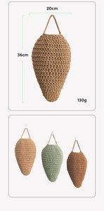 Detail of handmade crochet hanging fruit basket with dimensions and multi-color options
