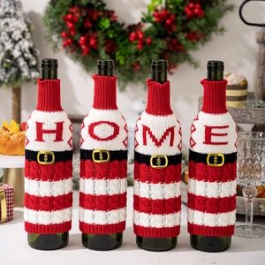 Christmas knit wine bottle cover red white stripe HOME letters holiday table decor