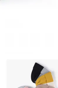 Detailed knit texture of a two-tone cuffed beanie featuring vertical ribbed stitching
