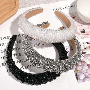 Handmade Baroque crystal beaded sponge headbands in white, silver-grey, and black set