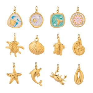 Golden ocean animal charms set with shells and starfish in polished stainless steel