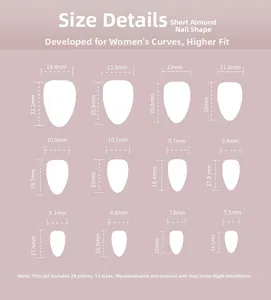 Size guide for short almond press-on nails with 12 dimensions in 24 pieces set