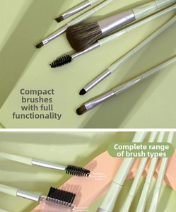 Macro detail of matcha green makeup brush set with soft bristles and matte handles