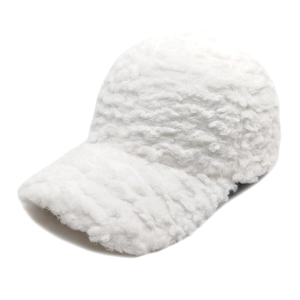 Detail showing plush white faux sheepskin texture and brim of winter baseball cap