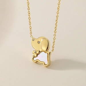 Minimalist gold dog necklace with white mother of pearl inlay and sparkling zircon crystals