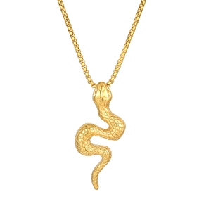 Golden punk style snake pendant necklace with detailed scales for men in titanium steel