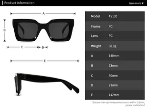 Detailed size chart for square frame sunglasses with precise millimeter measurements
