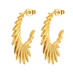 Golden angel wing stainless steel stud earrings with elegant spiral texture for women