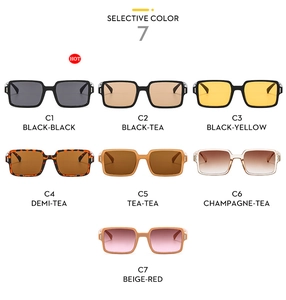 Selection of retro square frame sunglasses in seven different colors and lenses