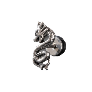 Gothic silver stainless steel dragon ear stud for men featuring a 3D coiled animal design