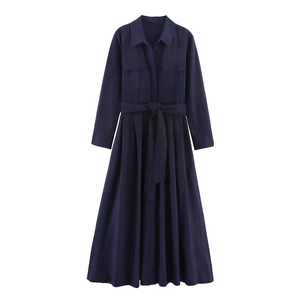 Dark blue long sleeve poplin shirt dress with waist belt and chest pockets for women