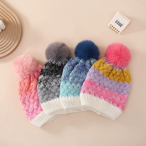 Winter fleece-lined knit hats for kids aged 1-3 with pom poms in four gradient colorways