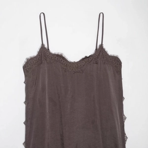 Elegant coffee brown silk satin camisole top with delicate eyelash lace trim for women