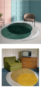 Détail de tapis ronds avec cercles superposés en motifs vert, gris et jaune