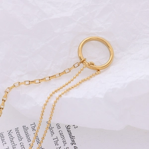 Minimalist double chain choker necklace with 18k gold circle pendant and paperclip link detail