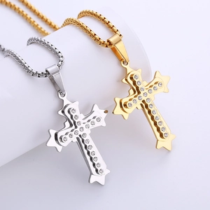 Gold and silver stainless steel triple cross pendants with sparkling cubic zirconia