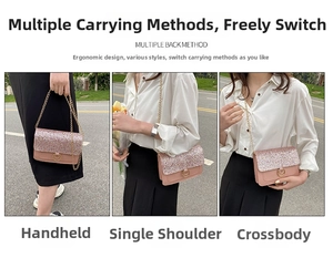 Detailed views of pink sequin chain bag showing crossbody and shoulder carrying styles