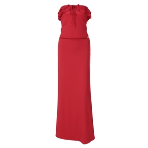 Detail des roten Zweiteilers mit gerafftem Bandeau-Top und schmalem Maxirock