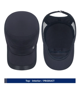 Detail view of quick-dry navy army cap showing breathable mesh side panels and inner lining