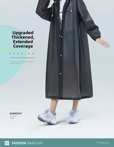 Thickened long hooded dark gray waterproof EVA raincoat with snap buttons for adults