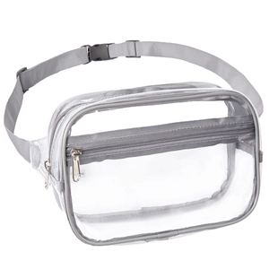 Waterproof clear PVC waist bag with adjustable grey strap and dual zipper pockets