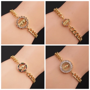 Virgin Mary Guadalupe Religious Pendant Bracelet Gold Plated Copper Cuban Link Adjustable Multi Color Zircon Jewelry
