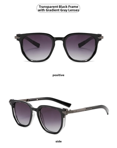 Detail of trendy square sunglasses with transparent black frame and grey gradient lenses