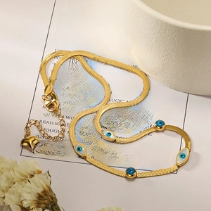 Gold-plated stainless steel snake chain necklace with blue evil eye and shell pendants