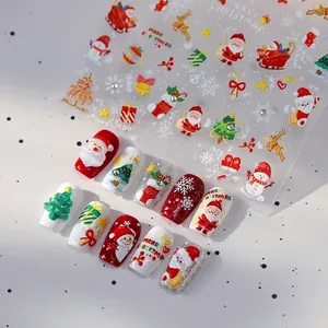 Christmas 5D Embossed Nail Art Stickers Self Adhesive Relief Santa Claus Snowman Snowflake Patterns Decals For Women Girls