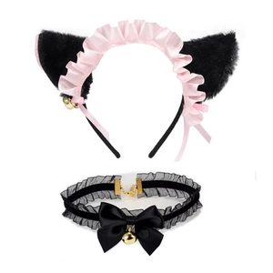 Pink and black furry cat ears headband and bell collar set for cosplay accessories
