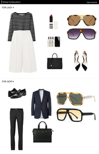 Flat lay display of retro square frame sunglasses styled with professional business outfits