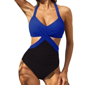Sexy blue and black cross halter monokini with tummy control ruched waist detailing