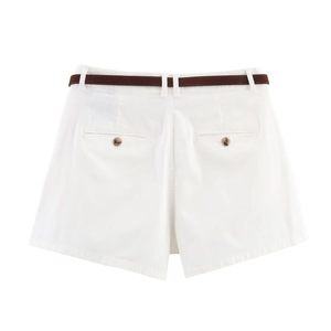 Detail view of white casual shorts with a slim brown belt and buttoned back pocket