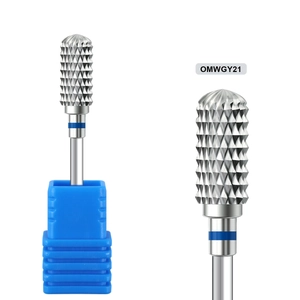 Close-up of OMWGY21 tungsten carbide nail drill bit with cross-cut texture and case