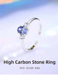 Detail of S925 silver ring featuring an oval blue carbon stone and white zircon accents