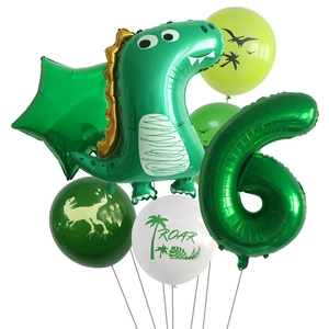 Detailed jungle dinosaur theme party kit with foil number 6 and printed latex balloons