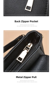 Detail of black lychee grain leather crossbody bag featuring gold hardware and back zipper pocket