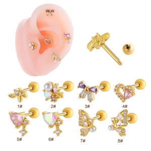 Sweet butterfly and heart stainless steel cartilage studs with cubic zirconia and pearls