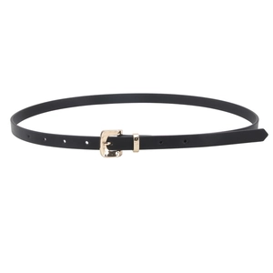 Fashionable thin black leather belt for women with elegant golden rectangular buckle