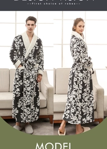 Detail of floral jacquard flannel robe with plush faux shearling trim and waist tie