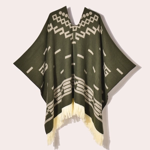 Army green knitted poncho with ethnic geometric patterns and stylish tassel fringe detail