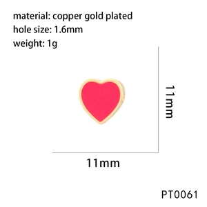 Pink enamel heart charm in copper gold plating with 11mm dimensions and 1.6mm hole