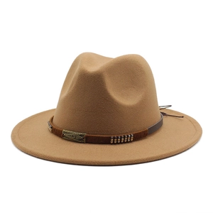 Wide Brim Fedora Hat Vintage Woolen Felt Panama Cap With Rivet Belt Buckle Western Cowboy Style For Women Men