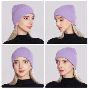 Four-panel view of a purple knitted beanie shown on a model for winter fashion style.