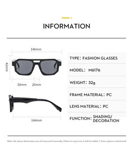 Detailed size chart for M6176 double-bridge aviator sunglasses with frame dimensions