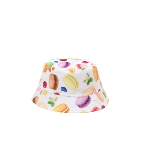 Kids reversible bucket hat with colorful macaron and fruit patterns on white background
